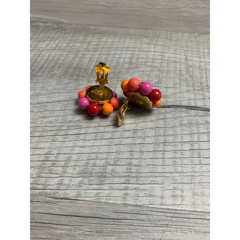 Vintage Multi Color Beaded Cluster Clip On Earrings Red Orange Pink Gold Tone